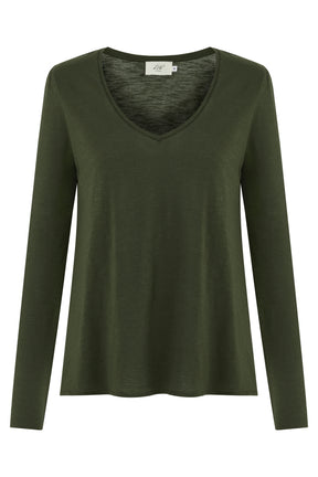 Esterella Women T-Shirt V-Neck Long Sleeve Rifle Green