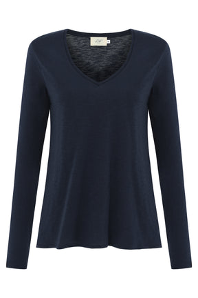 Esterella Women T-Shirt V-Neck Long Sleeve Dark Blue