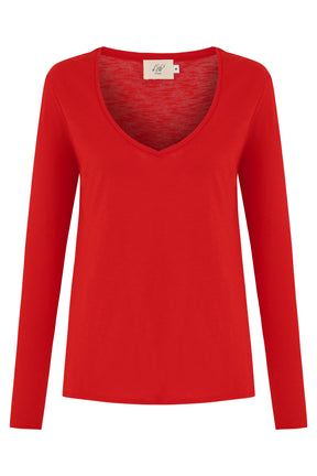 Esterella Women T-Shirt V-Neck Long Sleeve Fiery Red