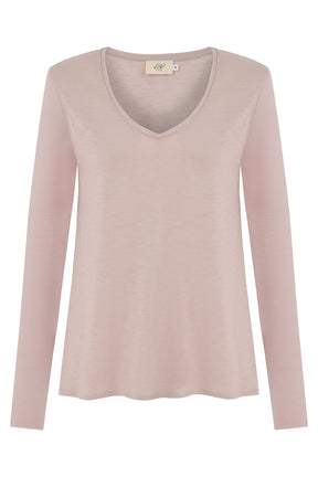 Esterella Women T-Shirt V-Neck Long Sleeve Powder Pink