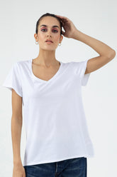 Rebecca Damen T-Shirt V-Ausschnitt Kurzarm Weiß Single Jersey