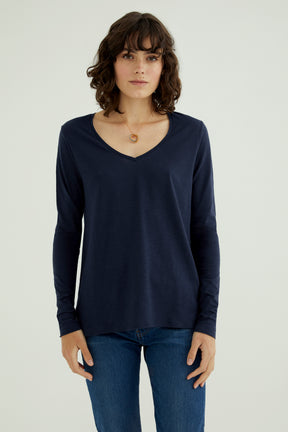 Esterella Women T-Shirt V-Neck Long Sleeve Dark Blue