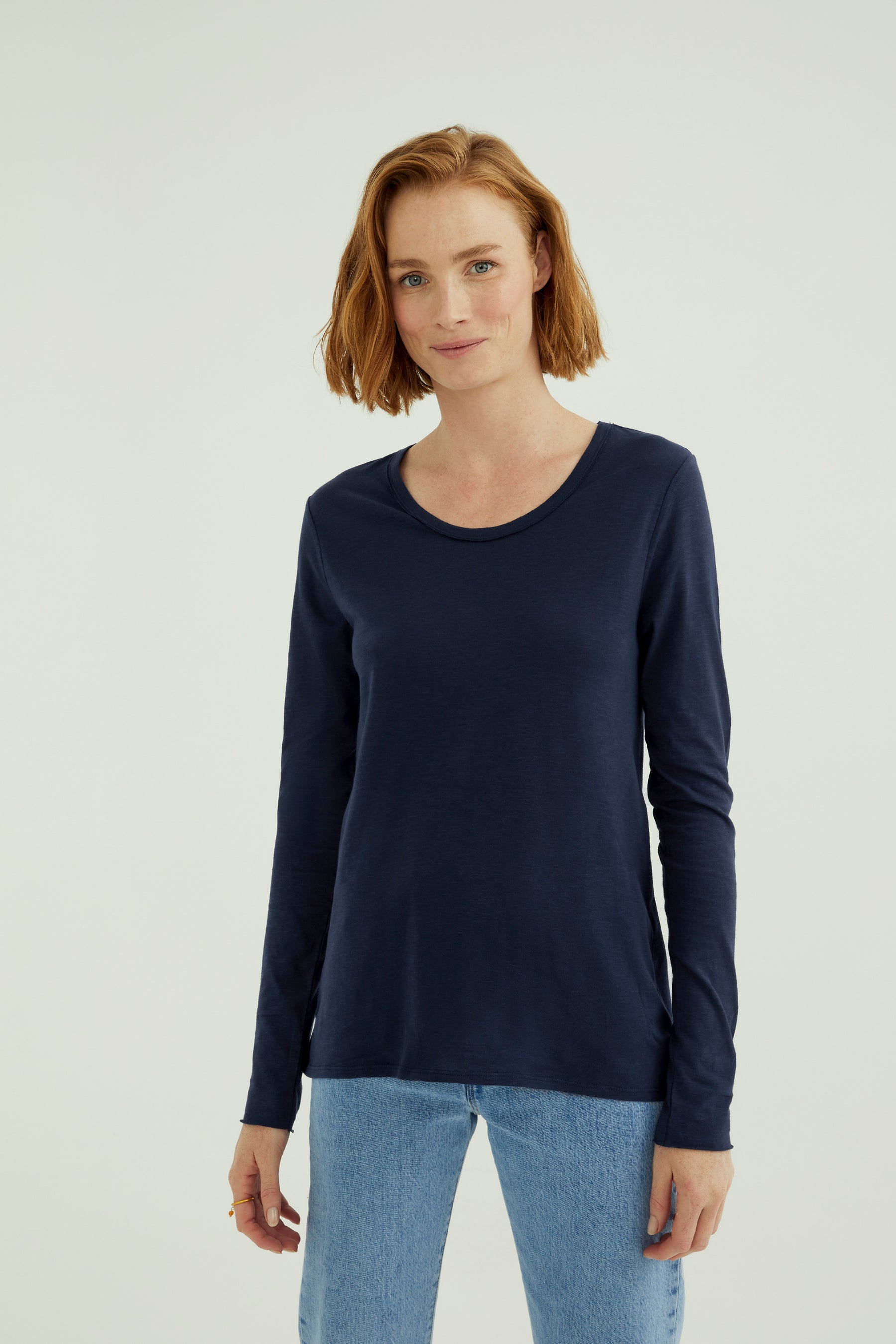 Miriam Women T-Shirt Round Long Blue Dark Sleeve Neck